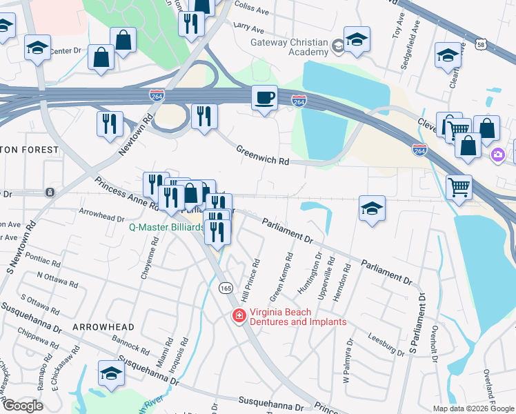 map of restaurants, bars, coffee shops, grocery stores, and more near 5524 Parliament Drive in Virginia Beach