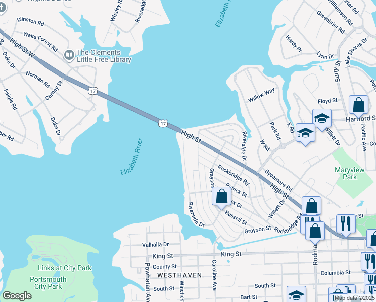 map of restaurants, bars, coffee shops, grocery stores, and more near 417 Riverside Drive in Portsmouth