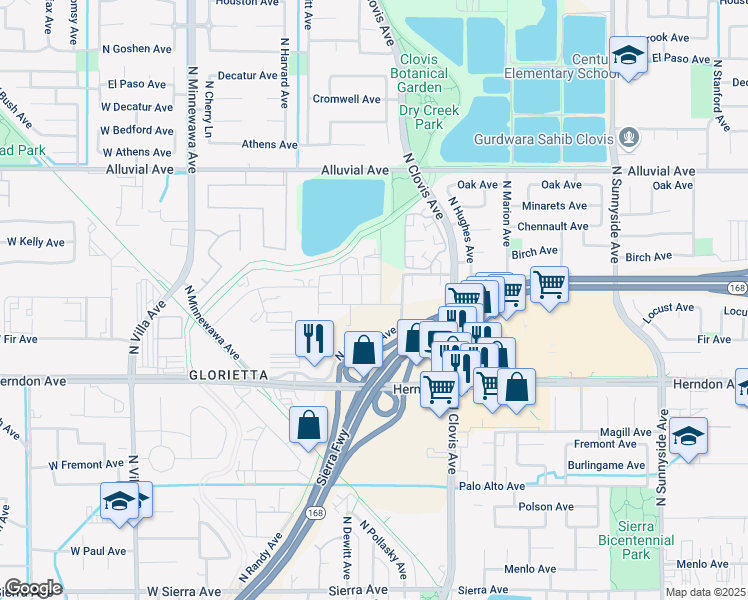 map of restaurants, bars, coffee shops, grocery stores, and more near 640 Park Creek in Clovis