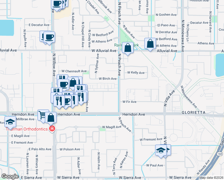 map of restaurants, bars, coffee shops, grocery stores, and more near 530 North Bush Avenue in Clovis