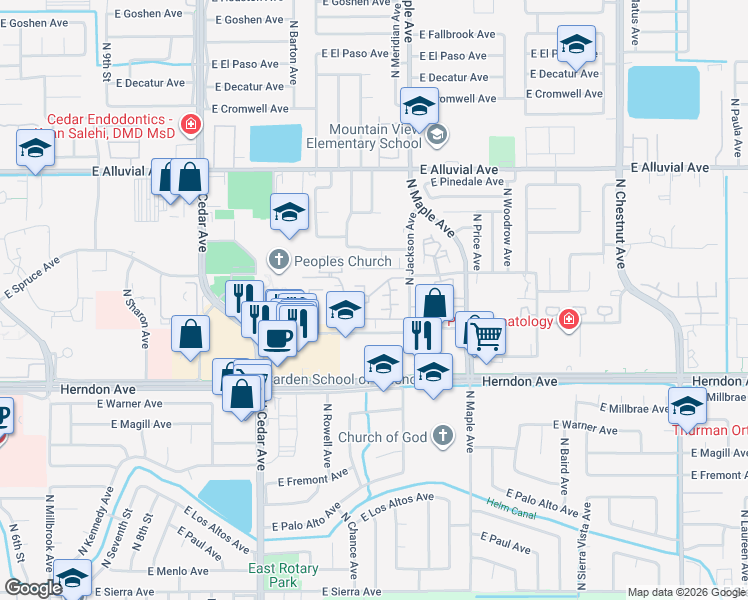 map of restaurants, bars, coffee shops, grocery stores, and more near 1834 East Fir Avenue in Fresno