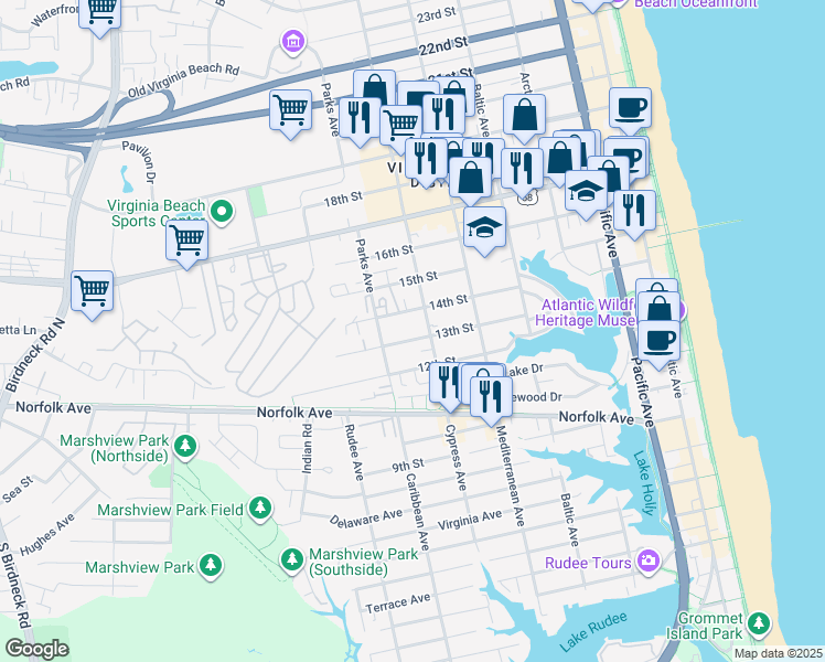 map of restaurants, bars, coffee shops, grocery stores, and more near in Virginia Beach