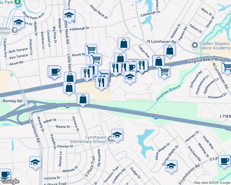 map of restaurants, bars, coffee shops, grocery stores, and more near 3243 Rosegate Court in Virginia Beach
