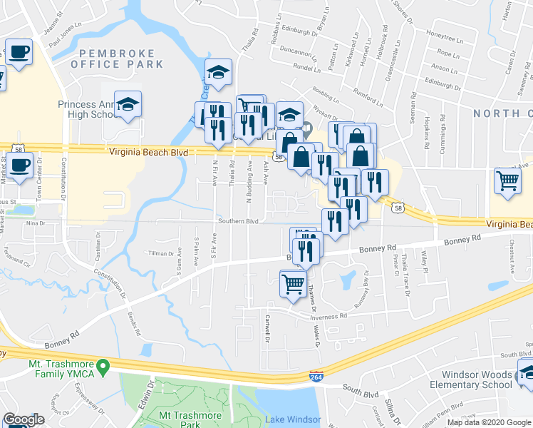 map of restaurants, bars, coffee shops, grocery stores, and more near 4250 Thalia Station Circle in Virginia Beach