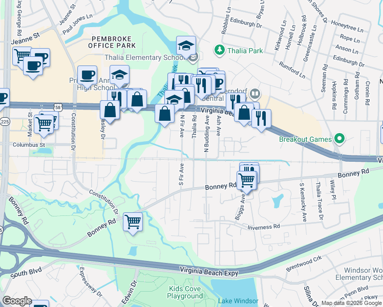 map of restaurants, bars, coffee shops, grocery stores, and more near 100 North Fir Avenue in Virginia Beach