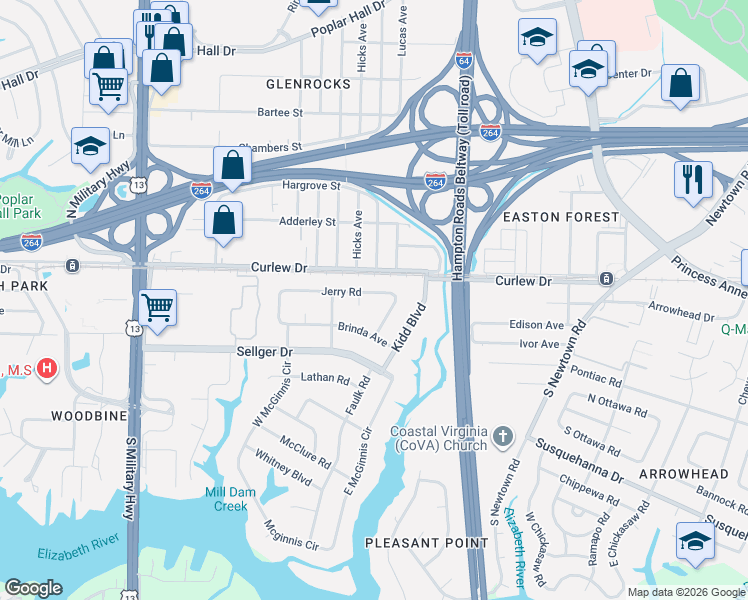 map of restaurants, bars, coffee shops, grocery stores, and more near 113 Effie Avenue in Norfolk