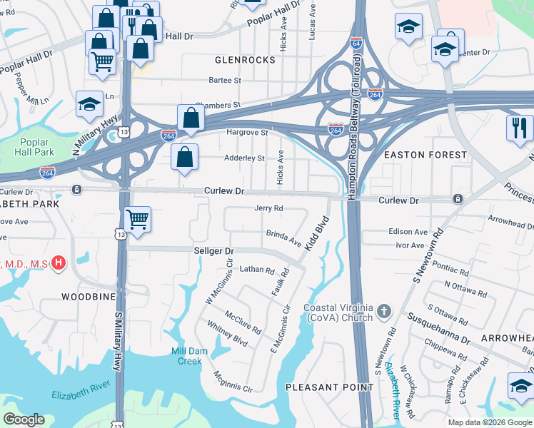 map of restaurants, bars, coffee shops, grocery stores, and more near 110 Lydia Avenue in Norfolk