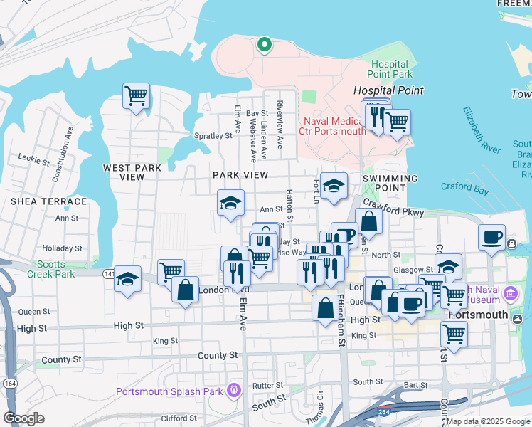 map of restaurants, bars, coffee shops, grocery stores, and more near 1038 Blair Street in Portsmouth