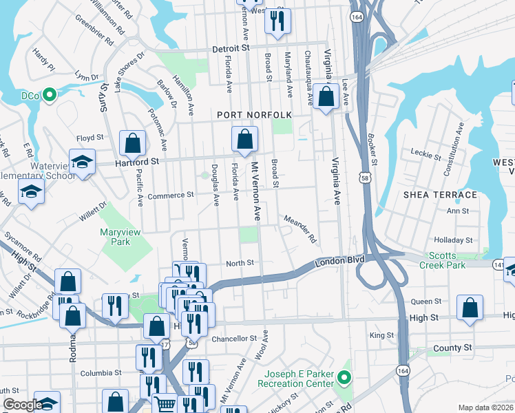map of restaurants, bars, coffee shops, grocery stores, and more near 826 Mount Vernon Avenue in Portsmouth