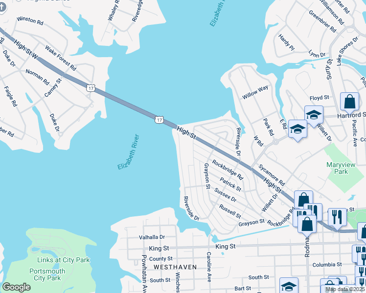 map of restaurants, bars, coffee shops, grocery stores, and more near 417 Riverside Drive in Portsmouth