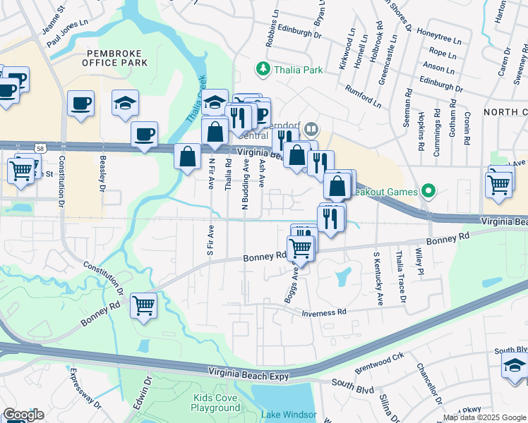 map of restaurants, bars, coffee shops, grocery stores, and more near 204 Thalia Station Drive in Virginia Beach
