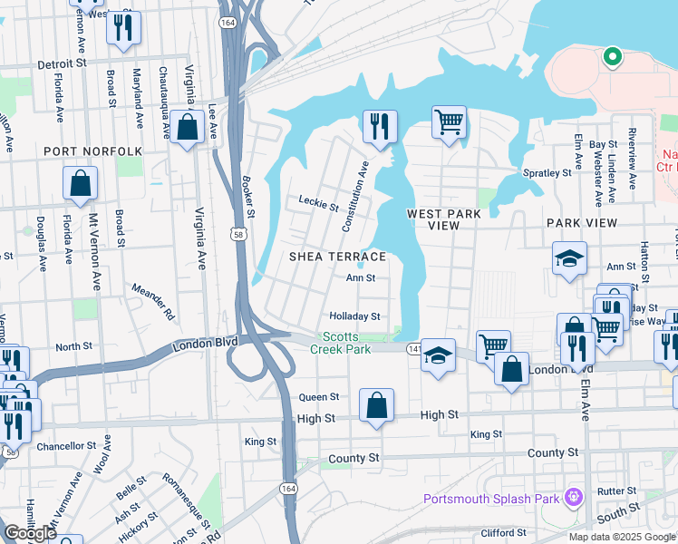 map of restaurants, bars, coffee shops, grocery stores, and more near 243 Constitution Avenue in Portsmouth