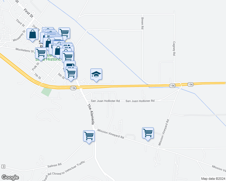 map of restaurants, bars, coffee shops, grocery stores, and more near 276 Copperleaf Lane in San Juan Bautista