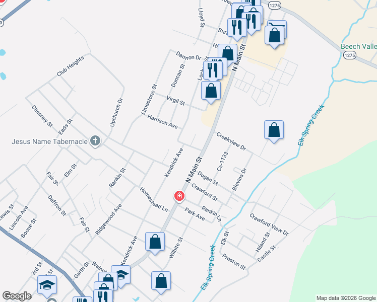 map of restaurants, bars, coffee shops, grocery stores, and more near Buster Avenue in Monticello