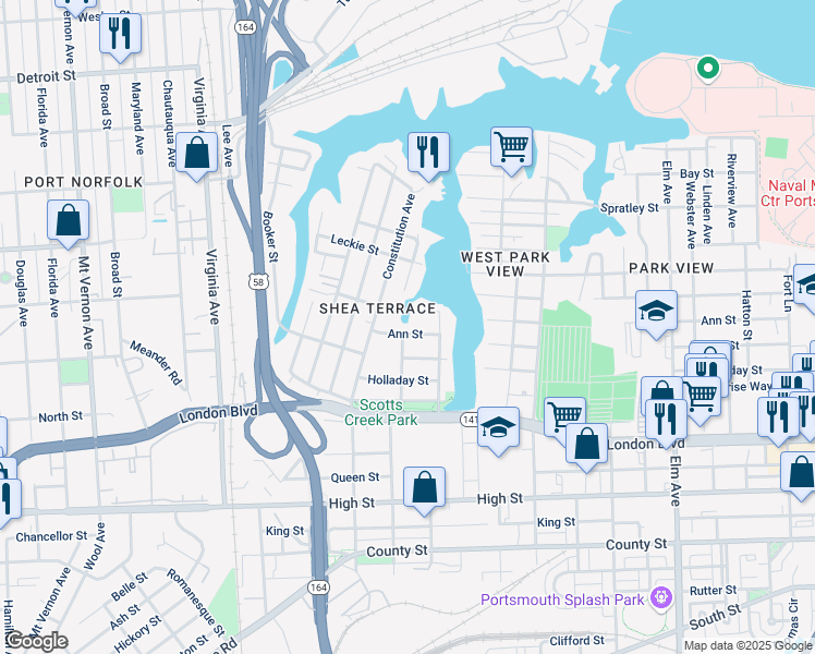 map of restaurants, bars, coffee shops, grocery stores, and more near 1913 Ann Street in Portsmouth