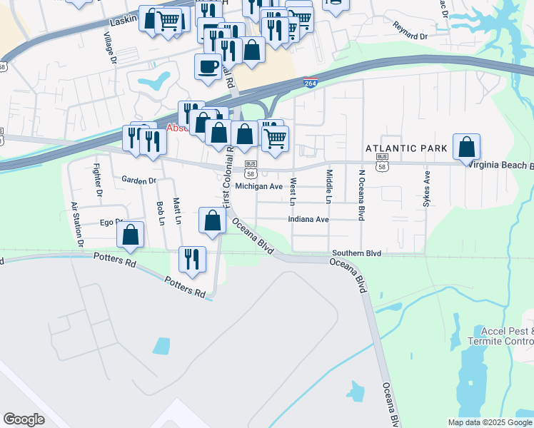 map of restaurants, bars, coffee shops, grocery stores, and more near 1624 Indiana Avenue in Virginia Beach