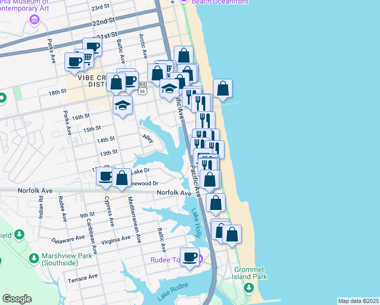 map of restaurants, bars, coffee shops, grocery stores, and more near 330 12th Street in Virginia Beach