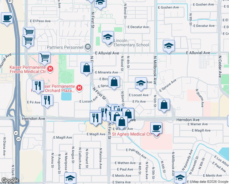 map of restaurants, bars, coffee shops, grocery stores, and more near 761 East Locust Avenue in Fresno