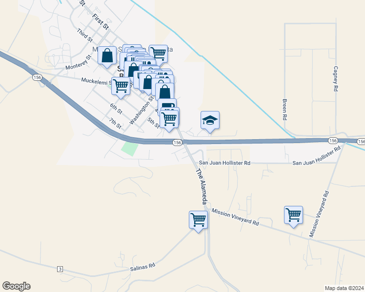 map of restaurants, bars, coffee shops, grocery stores, and more near 315 The Alameda in San Juan Bautista