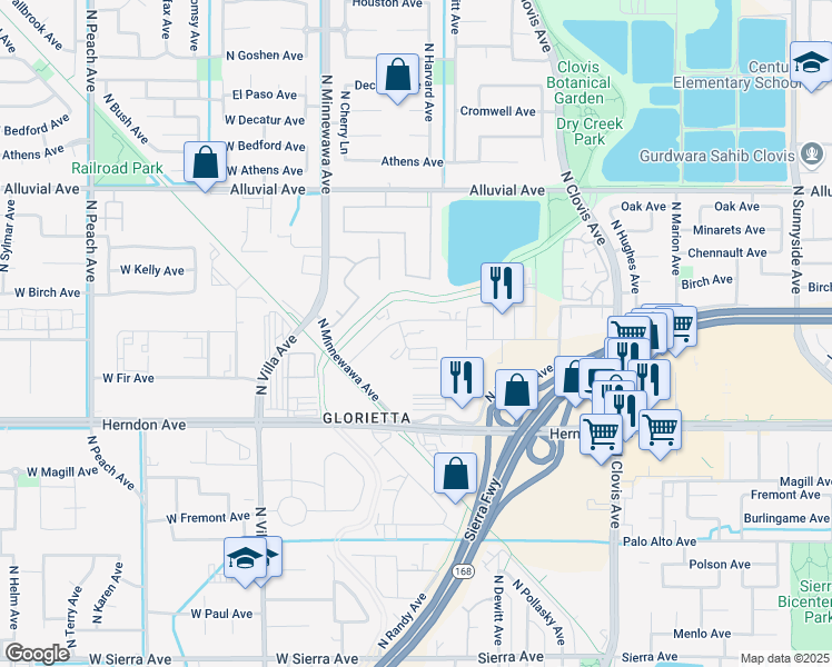 map of restaurants, bars, coffee shops, grocery stores, and more near 350 Park Creek Dr in Clovis