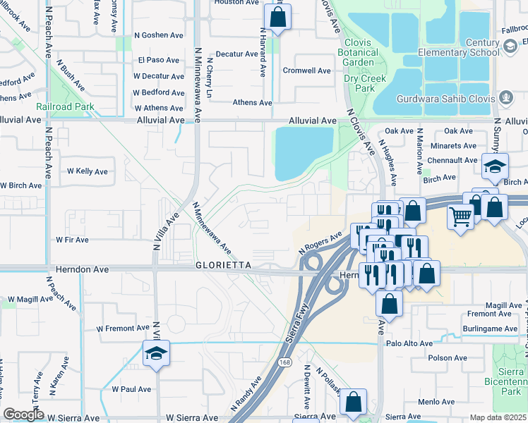 map of restaurants, bars, coffee shops, grocery stores, and more near 350 Park Creek Drive in Clovis