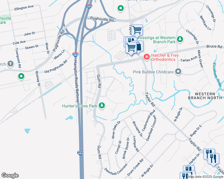 map of restaurants, bars, coffee shops, grocery stores, and more near 4512 Browning Circle in Chesapeake