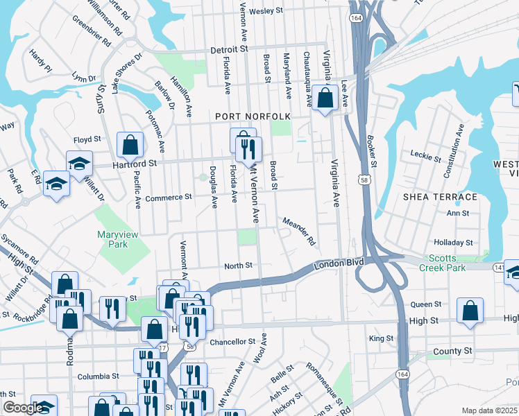 map of restaurants, bars, coffee shops, grocery stores, and more near 823 Mount Vernon Avenue in Portsmouth
