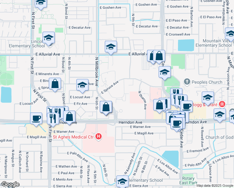map of restaurants, bars, coffee shops, grocery stores, and more near 1103 East Spruce Avenue in Fresno