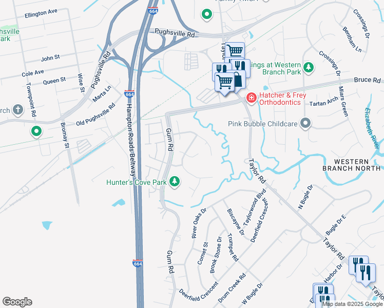 map of restaurants, bars, coffee shops, grocery stores, and more near 4512 Browning Circle in Chesapeake