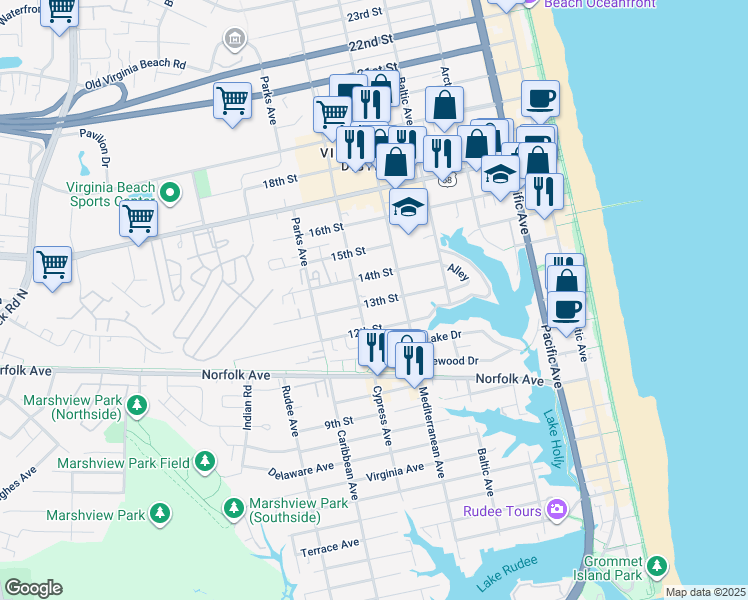 map of restaurants, bars, coffee shops, grocery stores, and more near 625 13th Street in Virginia Beach