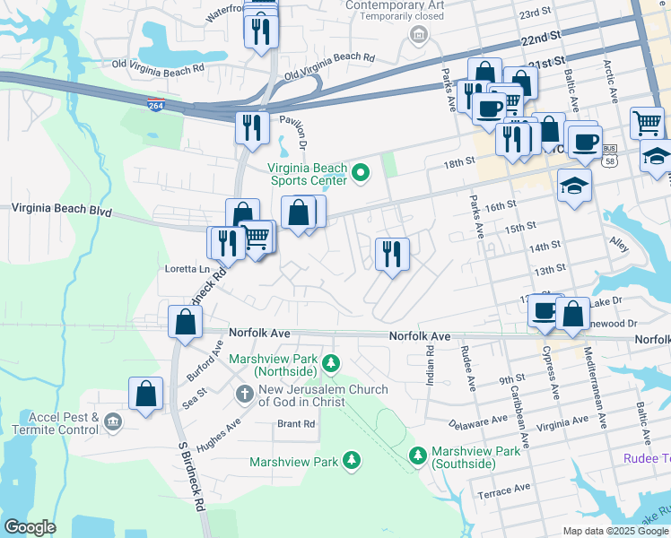map of restaurants, bars, coffee shops, grocery stores, and more near 1016 Coastaway Drive in Virginia Beach
