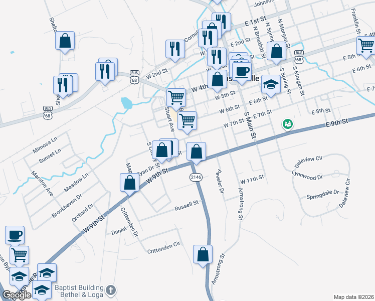 map of restaurants, bars, coffee shops, grocery stores, and more near 585 West 8th Street in Russellville