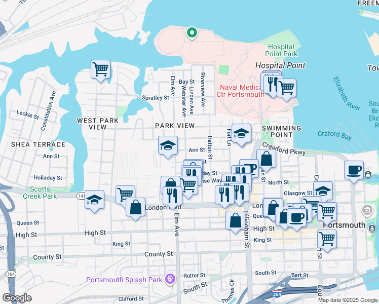 map of restaurants, bars, coffee shops, grocery stores, and more near 261 Webster Avenue in Portsmouth