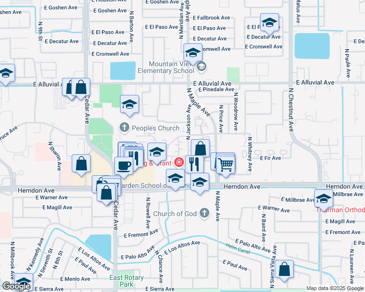 map of restaurants, bars, coffee shops, grocery stores, and more near 1874 East Fir Avenue in Fresno