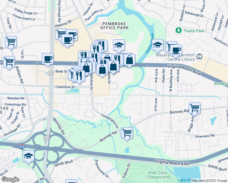 map of restaurants, bars, coffee shops, grocery stores, and more near 4234 Beasley Court in Virginia Beach
