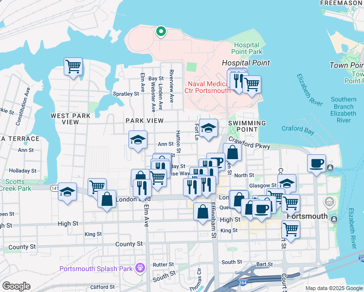 map of restaurants, bars, coffee shops, grocery stores, and more near 261 Hatton Street in Portsmouth