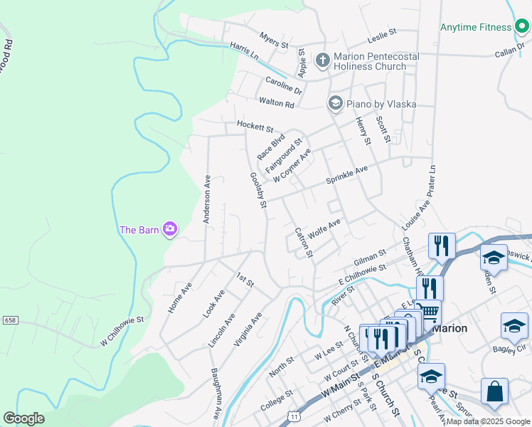 map of restaurants, bars, coffee shops, grocery stores, and more near Goolsby Street in Marion