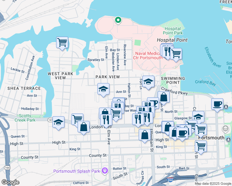 map of restaurants, bars, coffee shops, grocery stores, and more near 261 Webster Avenue in Portsmouth