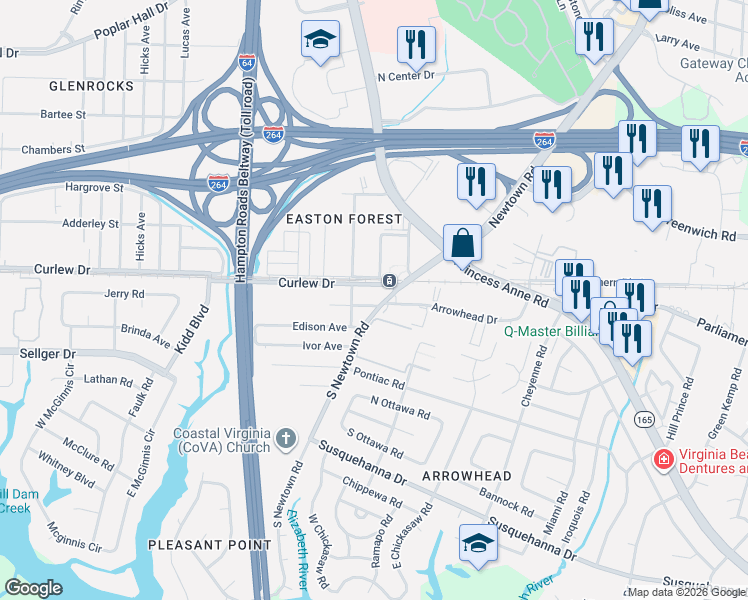 map of restaurants, bars, coffee shops, grocery stores, and more near 6163 Newark Avenue in Norfolk