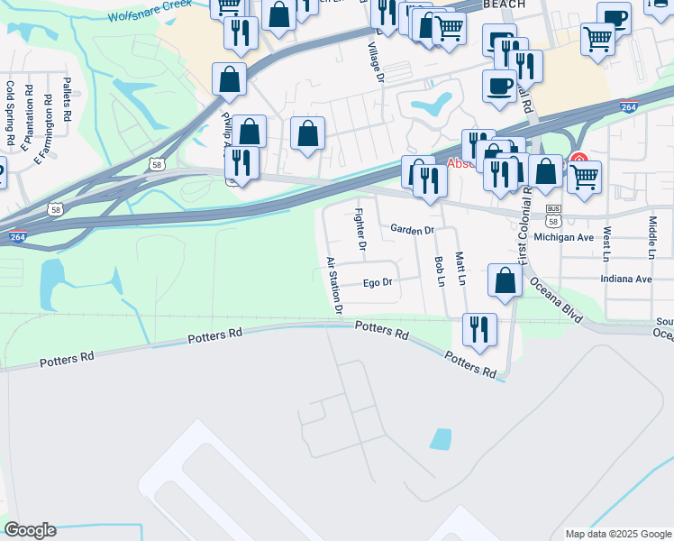 map of restaurants, bars, coffee shops, grocery stores, and more near 1881 North Streamline Drive in Virginia Beach