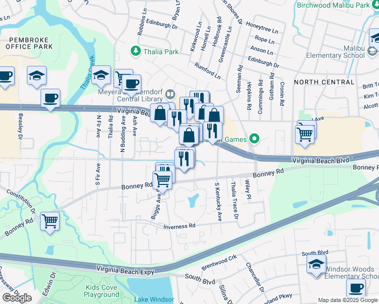 map of restaurants, bars, coffee shops, grocery stores, and more near 4001-117 Virginia Beach Boulevard in Virginia Beach