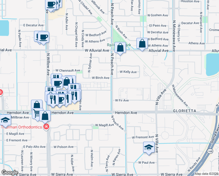 map of restaurants, bars, coffee shops, grocery stores, and more near 530 North Bush Avenue in Clovis