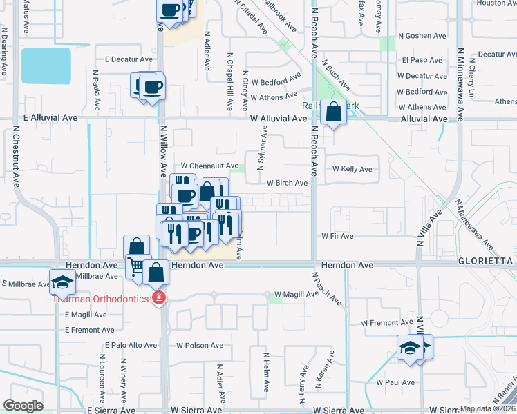 map of restaurants, bars, coffee shops, grocery stores, and more near 568 W Birch Ave in Clovis