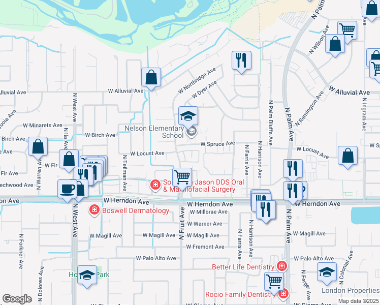 map of restaurants, bars, coffee shops, grocery stores, and more near 7166 North Fruit Avenue in Fresno