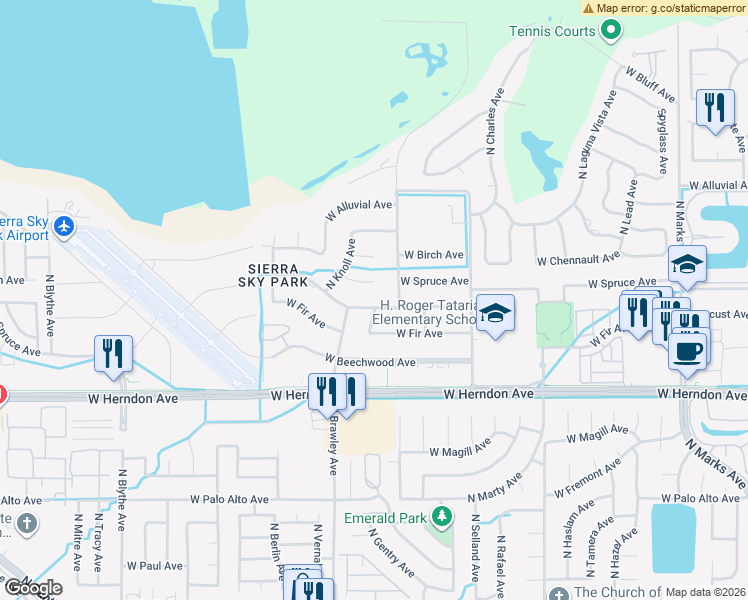 map of restaurants, bars, coffee shops, grocery stores, and more near 3711 West Locust Avenue in Fresno