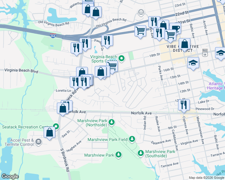 map of restaurants, bars, coffee shops, grocery stores, and more near 1013 Coastaway Drive in Virginia Beach