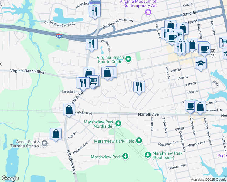 map of restaurants, bars, coffee shops, grocery stores, and more near 1013 Coastaway Drive in Virginia Beach
