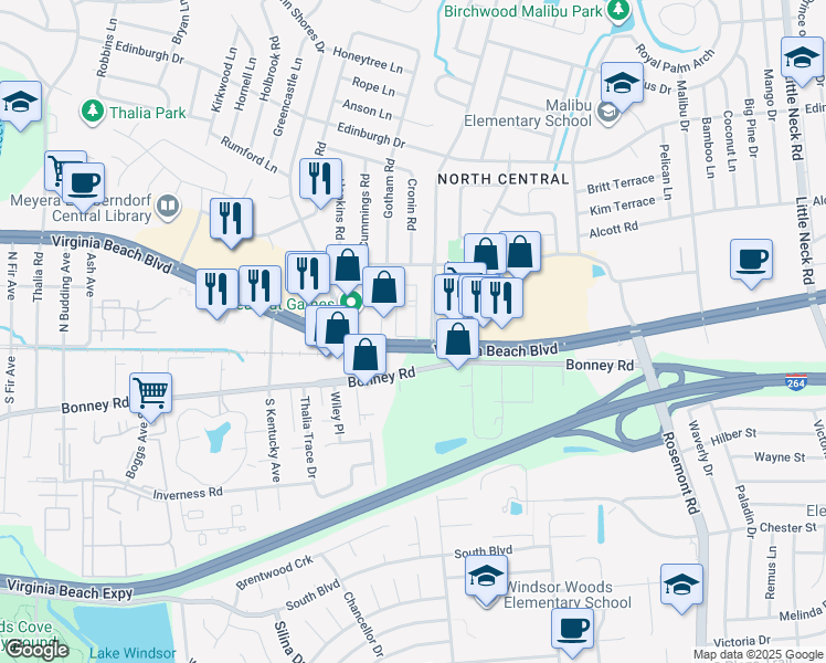 map of restaurants, bars, coffee shops, grocery stores, and more near 3808 Virginia Beach Boulevard in Virginia Beach