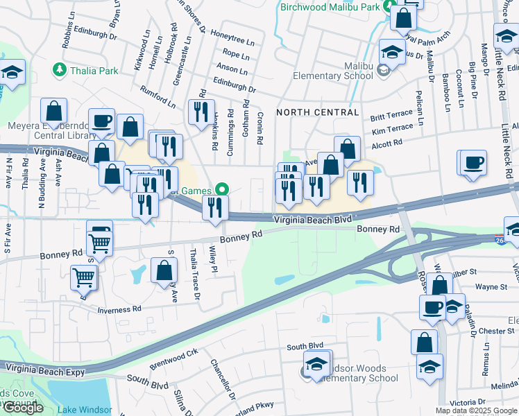 map of restaurants, bars, coffee shops, grocery stores, and more near 3808 Virginia Beach Boulevard in Virginia Beach