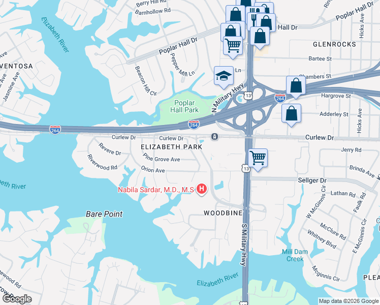 map of restaurants, bars, coffee shops, grocery stores, and more near 5470 Pine Grove Avenue in Norfolk